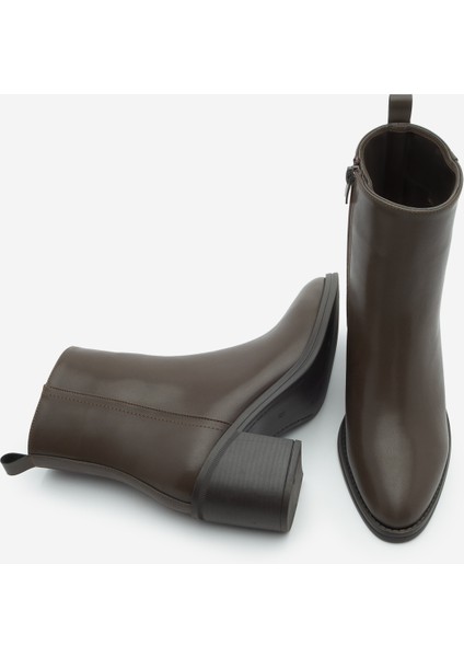 Kadın Topuklu Bot Sivri Burun Fermuarlı Cerin Kahve