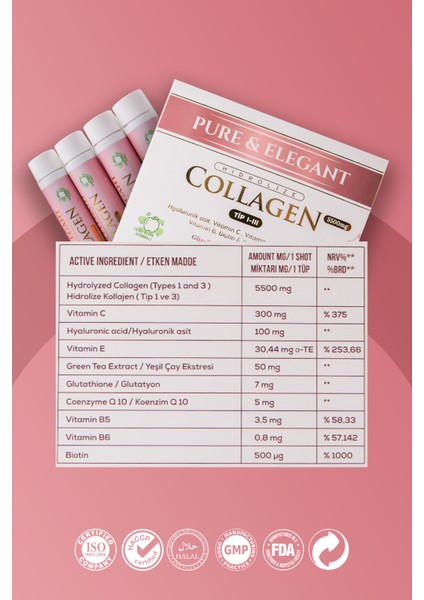 Pure & Elegant Hidrolize Kolajen Tip 1-3 (5500 mg) – 15 Shot | Yeşil Elma Aromalı