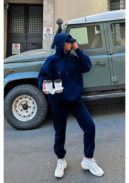 Kadın 3 Iplik Bol Kesim Kışlık Hoodie Sweatshirt Jogger Alt Eşofman Takımı