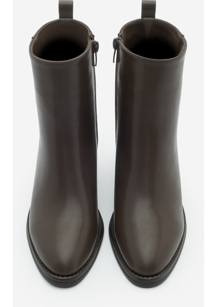 Kadın Topuklu Bot Sivri Burun Fermuarlı Cerin Kahve