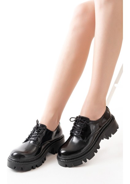 868-754 Siyah Rugan Bağcıklı Günlük Yüksek Tabanlı Loafer Ayakkabı fırsatları