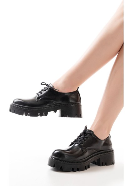 868-754 Siyah Rugan Bağcıklı Günlük Yüksek Tabanlı Loafer Ayakkabı indirimleri