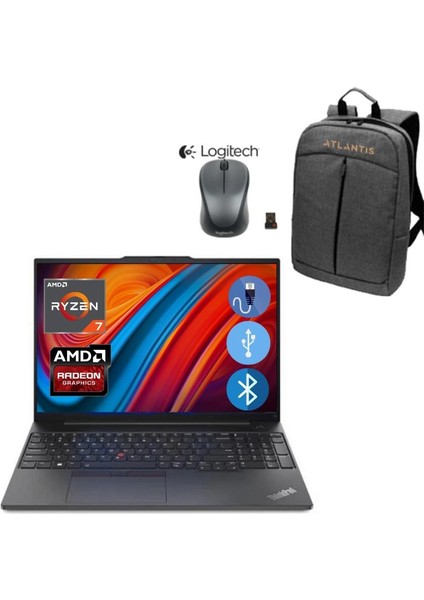 E16 Thınkpad 21JT0017TX ATL81 RYZEN7-7730U 16GB 512SSD 16" WİN 11 PRO Notebook + MOUSE+ÇANTA