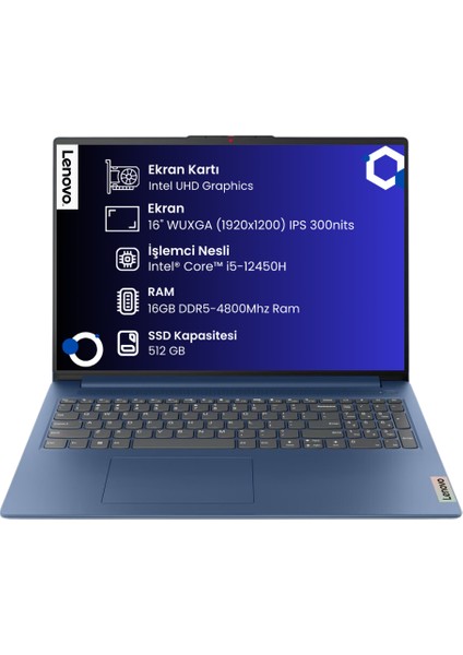 IdeaPad Slim 3 16IAH8 Intel Core i5 12450H 16GB 512GB SSD 16'' WUXGA (1920x1200) IPS Panel Freedos Taşınabilir Bilgisayar 83ES002GTR