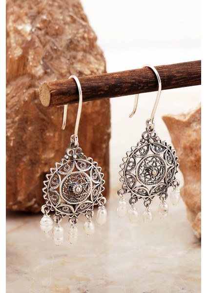 Telkari Işlemeli Tasarım Incili Gümüş Küpe 6997