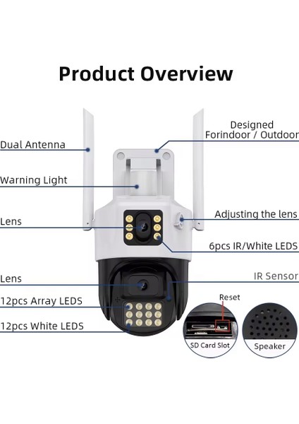 Wifi Kablosuz Ultra Hd 6mp Çift Kameralı Mavi Kırmızı Ikaz Lambalı Suya Dayanıklı Güvenlik Kamerası