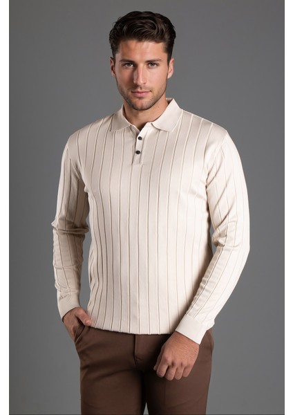 Erkek Bej Dokulu Çizgili Polo Triko Kazak