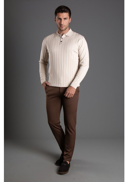 Erkek Bej Dokulu Çizgili Polo Triko Kazak fiyatları