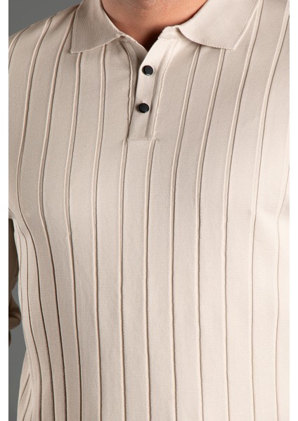 Erkek Bej Dokulu Çizgili Polo Triko Kazak modelleri