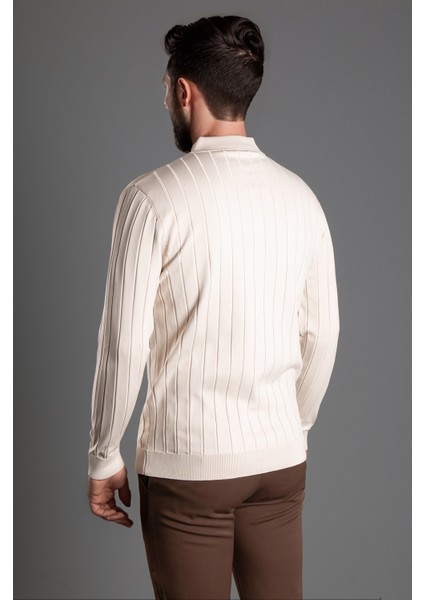 Erkek Bej Dokulu Çizgili Polo Triko Kazak indirimleri