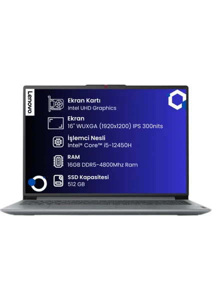 Ideapad Slim 3 16IAH8 Intel Core I5-12450H 16GB 512GB SSD 16" Wuxga (1920X1200) IPS Panel Freedos Taşınabilir Bilgisayar 83ES002HTR