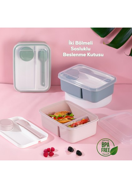 1183 Kendinden Kaşık Çatallı Sosluklu Bölmeli Beslenme Kabı - Taşınabilir Lunch Box Pembe