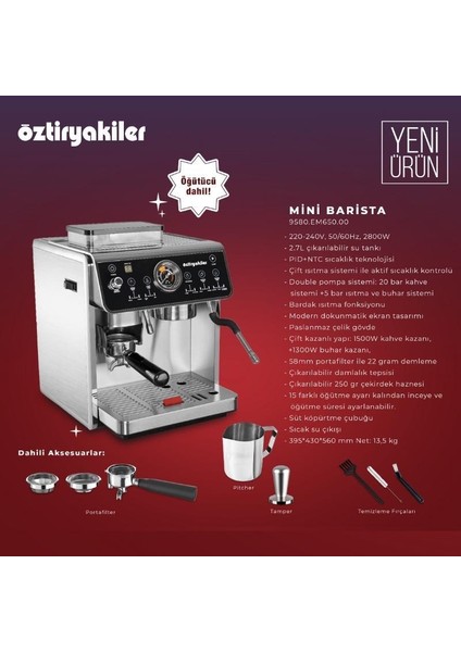 Mini Barista Espresso Kahve Makinesi 2800 W Kahve Değirmeni dahil 2,7 Lt Su Tankı