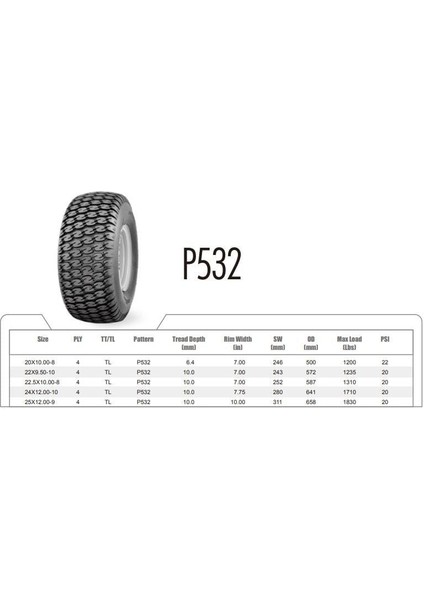 25X12-9 P532 4pr Çim Traktörü Golf Lastiği