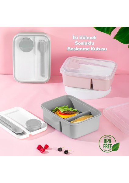 1183 Kendinden Kaşık Çatallı Sosluklu Bölmeli Beslenme Kabı - Taşınabilir Lunch Box Gri