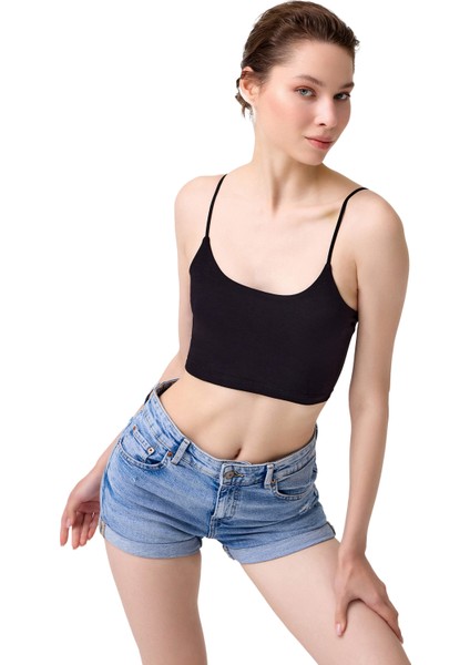 Siyah Pamuklu Ince Askılı Kadın Crop Top Büstiyer