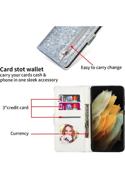 Samsung Galaxy S23 Glitter Cüzdan Kılıf Bilek Kayışı Için Fermuarlı Cebi Durumda (Yurt Dışından) modelleri