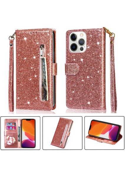 IPhone 13 Için Fermuar Cep Durumda Pro Max Pu Deri Glitter Cüzdan Kılıf (Yurt Dışından)