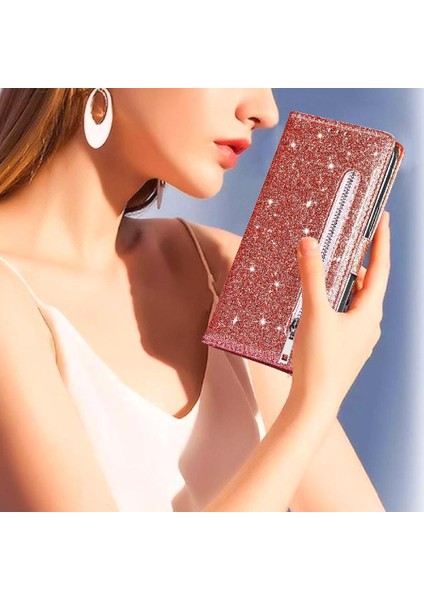IPhone 13 Için Fermuar Cep Durumda Pro Max Pu Deri Glitter Cüzdan Kılıf (Yurt Dışından)