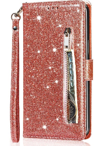 IPhone 13 Için Fermuar Cep Durumda Pro Max Pu Deri Glitter Cüzdan Kılıf (Yurt Dışından)