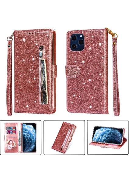 IPhone 11 Pro Için Fermuar Cep Durumda Kart Tutucu Glitter Cüzdan Kılıf Pu (Yurt Dışından)