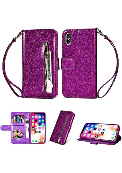 IPhone Xr Manyetik Kapatma Kart Tutucu Için Fermuar Cep Durumda Glitter Pu (Yurt Dışından)