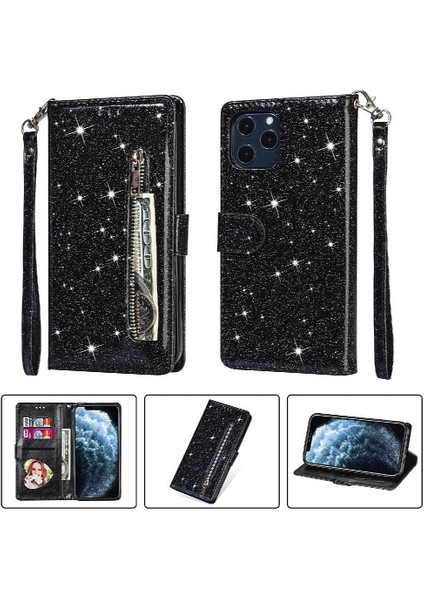 IPhone 11 Pro Için Fermuar Cep Durumda Kart Tutucu Glitter Cüzdan Kılıf Pu (Yurt Dışından)