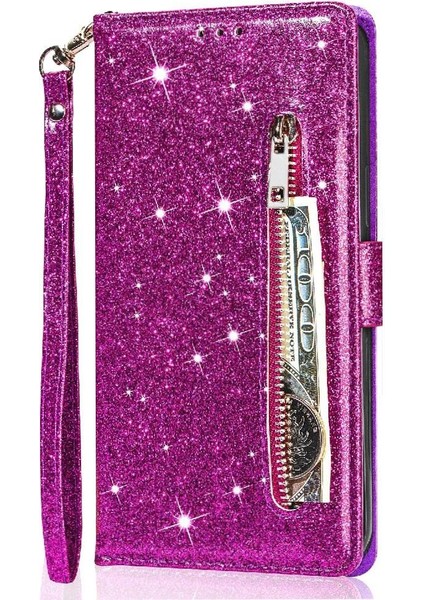 IPhone 13 Için Fermuar Cep Durumda Pro Max Pu Deri Glitter Cüzdan Kılıf (Yurt Dışından)