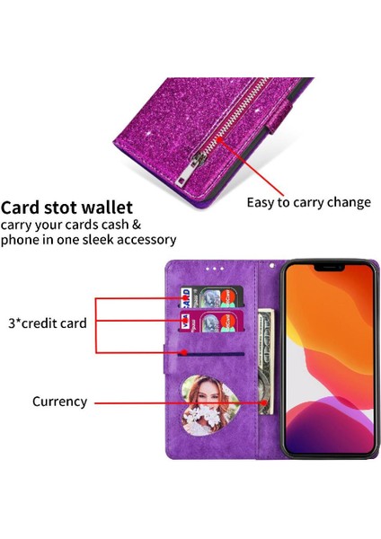 IPhone 13 Için Fermuar Cep Durumda Pro Max Pu Deri Glitter Cüzdan Kılıf (Yurt Dışından)
