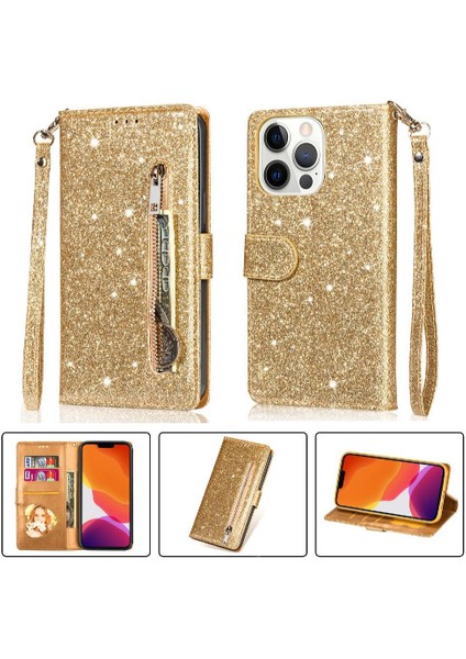 IPhone 13 Pro Için Fermuar Cep Durumda Pu Deri Bilek Kayışı Glitter Cüzdan (Yurt Dışından)