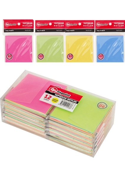 Yapışkanlı Kağıt Kare Karışık Renk 12'li Paket 80 Yaprak P-5679