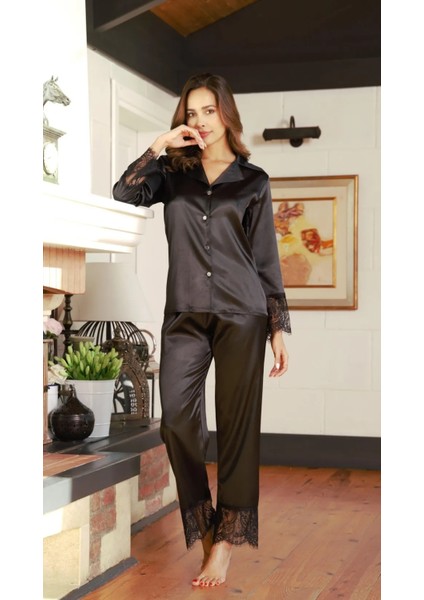 Siyah Kol Ve Bacağı Dantel Detaylı Saten Düğmeli Gömlekli Kadın Alt Üst Pijama Takımı fırsatları