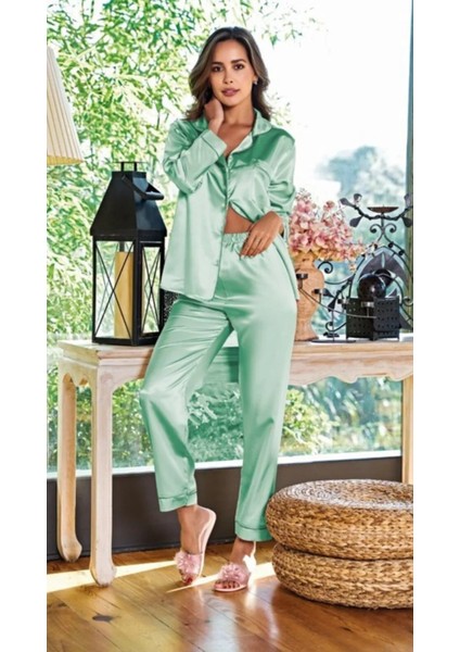 Yeşil Saten Gömlekli Düğmeli Çok Rahat Şık Kadın Alt Üst Pijama Takımı fiyatları