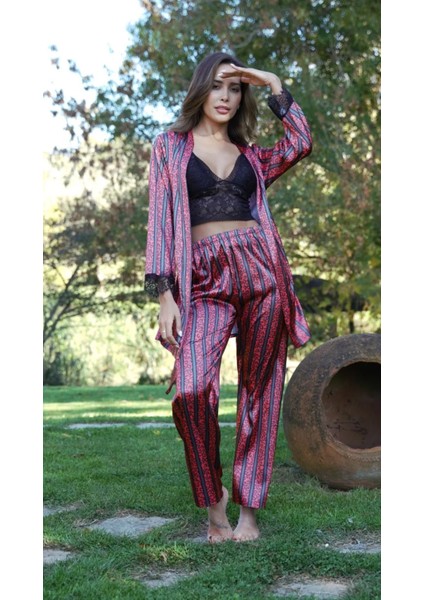 3 Parça Saten Dantel Büstiyerli Çizgili Gömlekli Kadın Saten Pijama Takım