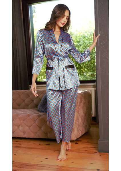 Saten Çok Şık Özel Tasarım Desenli Cepli Kadın Saten Pijama Takımı