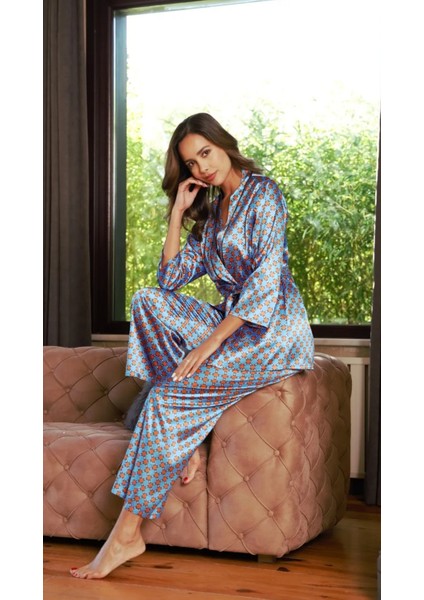 Saten Çok Şık Özel Tasarım Desenli Cepli Kadın Saten Pijama Takımı modelleri