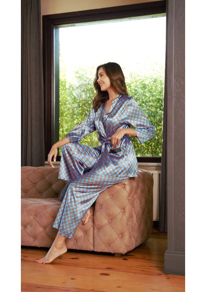 Saten Çok Şık Özel Tasarım Desenli Cepli Kadın Saten Pijama Takımı fırsatları