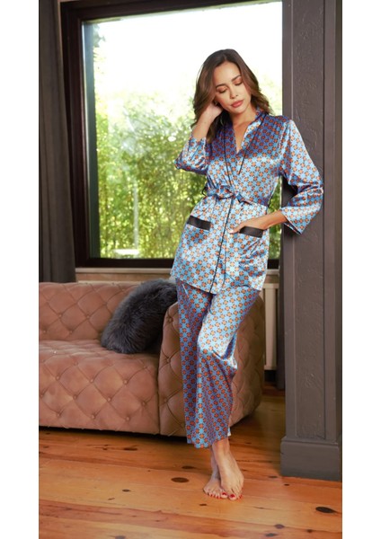 Saten Çok Şık Özel Tasarım Desenli Cepli Kadın Saten Pijama Takımı indirimleri