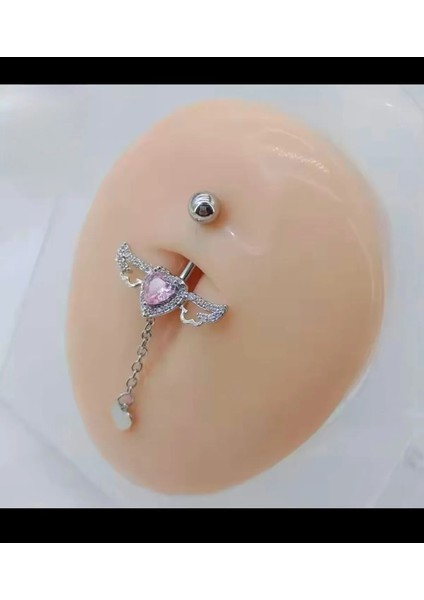 Pembe Zirkon Taşlı Kalpli Kanatlı Zincir Sallantılı Göbek Piercingi