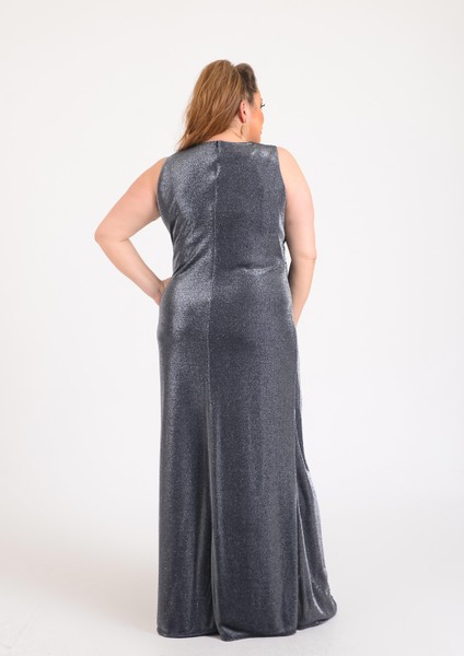 Büyük Beden Füme Renkli Kolsuz Kruvaze Yaka Likralı Simli Abiye Elbise fırsatları