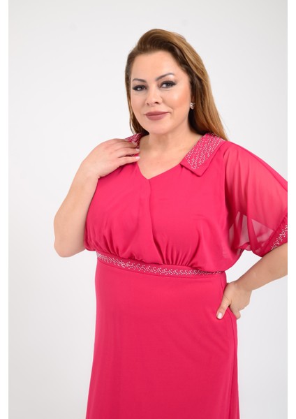 Büyük Beden Fuşya Renkli Taş Baskılı Kısa Abiye Elbise modelleri