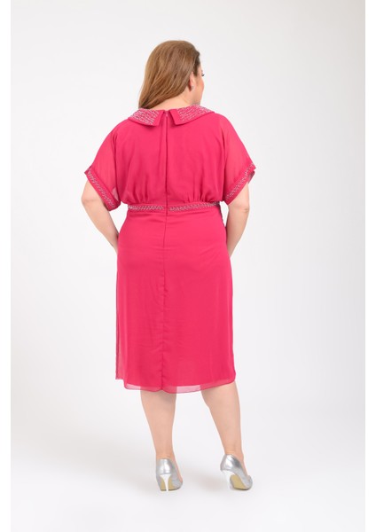 Büyük Beden Fuşya Renkli Taş Baskılı Kısa Abiye Elbise fırsatları