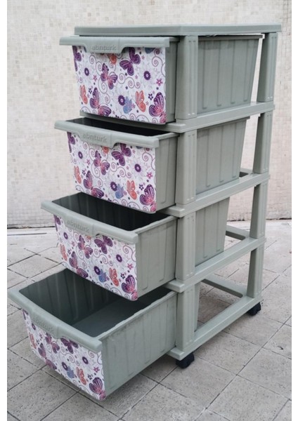 4 Çekmece Tekerlekli Büyükboy Komidin Sebzelik Kelebek Desen Yüksekliği 93CM 43X38 Plastik Dolap Raf