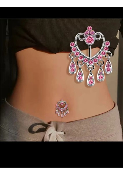 Pembe Zirkon Taşlı Gösterişli Çelik Göbek Piercingi