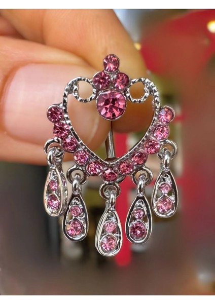 Pembe Zirkon Taşlı Gösterişli Çelik Göbek Piercingi