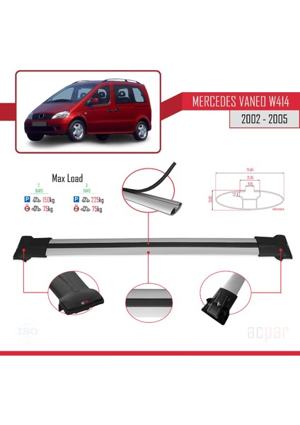 Mercedes Vaneo (W414) 2002-2005 Arası ile Uyumlu Fly Model Ara Atkı Tavan Barı Gri 2 Adet fırsatları