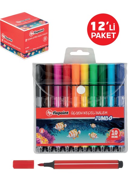 Keçeli Kalem Üçgenjumbo Uç 10renk Fixpoint P-2067 12lı Paket