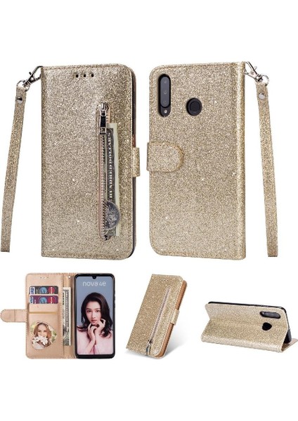 Huawei P30 Lite Glitter Cüzdan Kılıf Bilek Kayışı Için Fermuarlı Cebi Durumda (Yurt Dışından)