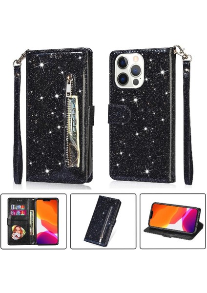 IPhone 13 Pro Için Fermuar Cep Durumda Pu Deri Bilek Kayışı Glitter Cüzdan (Yurt Dışından)