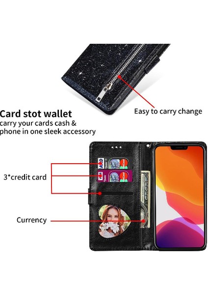 IPhone 13 Pro Için Fermuar Cep Durumda Pu Deri Bilek Kayışı Glitter Cüzdan (Yurt Dışından)